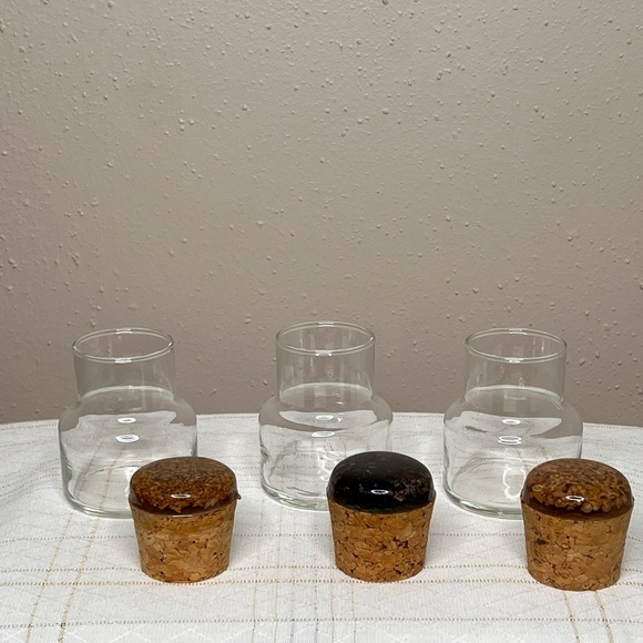 3 Glass Jars 3.75”Tall Cork Lids With Acrylic Resin On Top Vintage - Picture 6 of 6